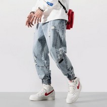 루즈 핏 스플라이스 찢어진 데님 카고 팬츠 남성용 일본 빈티지 패션 스트리트웨어 힙합 청바지