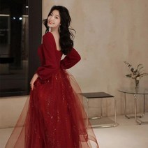 이브닝 드레스 긴 퍼프 소매 새틴 쉬폰 파티 연말 시상식 5288084209, 자홍색/L