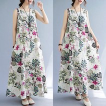 빅사이즈 린넨 나시 민소매 휴양지 맥시 원피스