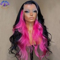 프리 파트 블랙 하이라이트 핑크 레이스 정면 가발 바디 웨이브 가발 내열성 섬유 헤어 합성 레이스 프런트 가발, 180%, 레이스 전면 + 26 inches+1 PC, Black Pink Color