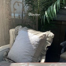 W101 블랑슈아 마리 프렌치 린넨 러플 프릴 자수 쿠션커버 50x50 4컬러, 핑크