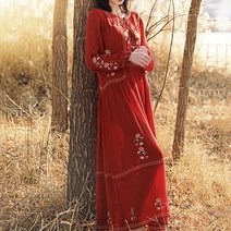 히피룩 보헤미안스타일 느슨한 꽃 자수 maxi dress spring long 뉴히피룩