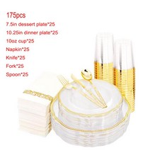 예쁜접시 플레이팅 접시 결혼식 파티 휴일 장식을위한 일회용 파티 식기 투명 황금 플라스틱 트레이 세트 개, 1.Gold Edge  175pcs