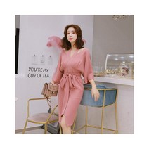 와이케이하우스 2021 봄과 여름 새로운 여성의 기질 V 넥 고삐 목 넥타이 허리 분할 순수한 색 드레스 1392_69596