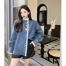 청난방 청남방 여자 청 남방 난방 데님 셔츠 블라우스 2022 봄 레이스 여성 패션 패치 워크 긴 소매 여성 느슨한 스탠드 칼라 버튼 다운 진 여성