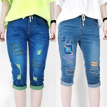 103st 7부 여름 청바지 2종 택1/밴딩 스판 일자 배기 찢청 캐릭터 자수 데님 반바지