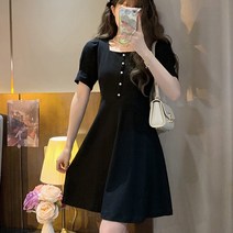 패스타임 여성 예쁜 여름 슬림 스퀘어넥 퍼프 셔링 A라인 플레어 미디 원피스 캐주얼 데이트룩