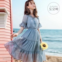 도오빠 여성 쉬폰 원피스 롱원피스 여름 브이넥 캉캉 여자원피스 하객 청순 프릴 20대 30대 패션 데일리 인기템