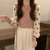 마쿠쿠 배색 프릴 니트 소매 도트 여성 긴팔 블라우스