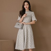 가을 데이트 트위드원피스 돌잔치 하객룩 상견례 추석 미니 드레스 원피스 여성용 우아한 미디 트위드 럭셔리 시크 캐주얼 격자 무늬 슬림 가운 한국 패션