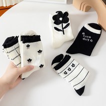 워더미 여성용 봄 여름 블랙 플라워 중목 양말 W642