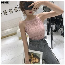 DFMEI 여 홀터넥 니트 펀칭 플라워 나시탑