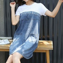 데님원피스 여성 여름 심플 청 데님 배색 미니 반팔 원피스 청원피스