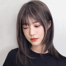 가발 여성 긴 머리 유명 인사 자연 전체 헤드 기어 프렌치 에어 앞머리 얇은 앞머리 쇄골 중간 길이 스트레이트 헤어, 라이트 브라운