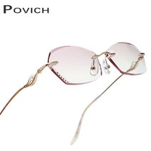 POVICH고급스러운 여성 안경 안경테 안경태테 안경태태 무테 우수한 다이아몬드 보석 안경태 금속 그라디언트 경량 틴트 컬러 렌즈