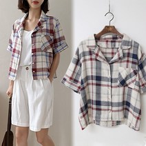 [여시몰5779국내제작]마 체크 미니 반팔 여름 자켓/봄 여름 여성 린넨 셔츠 남방 단추 숏 오피스 캐주얼 자켓 반바지 끈나시 코디