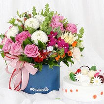 99플라워 (당일수령) 마음의 꽃상자   케익 [ST-B466] - 전국 꽃배달 서비스 꽃상자 케익 선물 당일배송 생화 생신 생일 축하 기념일 장미