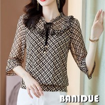 [바니드] 여성 우아한 고급무늬 쉬폰 셔츠 프릴 리본 7부 블라우스 0866