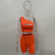 YUZHEXI 스포츠 캐주얼 투피스 세트 여성 여름 솔리드 컬러 컷 한 어깨 탑 바이커 반바지 복장 오렌지
