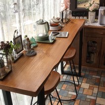 창가 테이블 업소용 긴 홈바 원목 보조 바 좁고 사이드 원목 벽 1200, 둥근의자 가죽 75CM