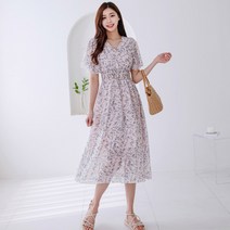 헤링본 여름 롱 쉬폰 비치원피스 프릴 플라워 브이넥 플레어 A라인 데일리 휴양지 바캉스 HE081