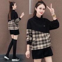 기모에 도톰 맨투맨 여 추동 덕다운 체크 패치 맨투맨 하이넥 루즈핏 코트 스키