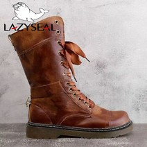 바이크부츠LazySeal-레이스 업 크로스-타이 롱 부츠 여성 신발 플랫폼 스퀘어 힐 가죽 밀리터리 바이커, 01 Brown