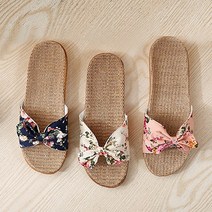 [복야생활]왕리본 꽃무늬 실내화 거실화 왕골 린넨 여름 슬리퍼, 네이비 꽃무늬