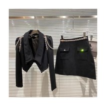 치마정장 여름 세트 가을 여성 반바지 여성용 라인 스톤 체인 패딩 숄더 슈트 숏 코트 스커트 투피스