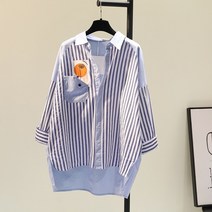 봄코디 루즈핏 직장 롱셔츠 파란색 소개팅 여성 줄무늬셔츠 남방 블라우스 카라 오버핏