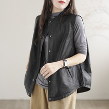 ONEPICK [안심구매 무료교환] 여성 빈티지 민소매 가죽 조끼 봄가을 루즈핏 라운드 코트