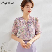 여성 프렌치 플라워 리본 셔링 프릴 블라우스 여름 프리미엄 풀오버 남방 청담동룩