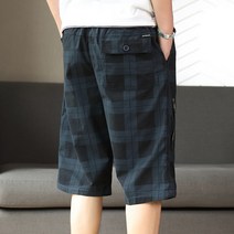 슬랙스 체크 비치 6부 반바지 남성 얇은 겉옷 주머니 캐주얼 순면 여름 작업복 7부 바지