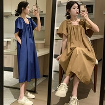 임부복 임산부 드레스 여름 의류 반팔 솔리드 스퀘어 칼라 느슨한 인터넷 연예인 패션 출산 긴 신상품