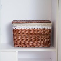 JINGHENG 대형 라탄수납함 뚜껑 라탄정리함 라틴 소품정리함, 32*22*15cm개, 덮개브라운+마포