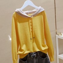 티티웍스 여성용 후드 니트 티셔츠 단추장식 간절기 스트랩 후드 니트