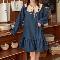 오너클랜 리본 코듀로이 원피스 배색 둥근카라 플레어 소매밴딩