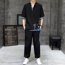 남성 개량 계량 생활한복 여름 실크 반팔 티셔츠 여름캐주얼 정장 당나라 정장 오버핏 남성 세트