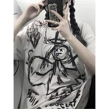 블랙 만화 얼짱 팜므 루즈핏 여름 대형 티셔츠 여성 의류 하라주쿠 반팔 탑스 티 힙합 소녀