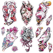 Oottati 6 Sheets Pink Japan Tiger Nine Tail Fox Weird Sphinx Cat Temporary Tattoos for Arm Leg, 1