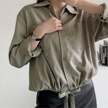 셀러허브(잡화) 여자 허리끈 셔링 블루종 바스락 긴팔 무지 셔츠