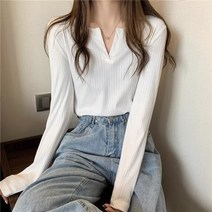 골지 롱 브이넥 한국판 긴팔 상의 티셔츠녀