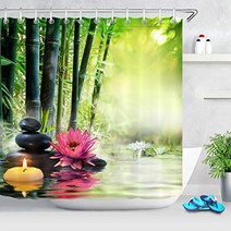 LB SPA Bamboo Lotus Shower Curtain Asian Japanese Oriental Zen Stone Meditation Flower Shower Curtai, 1