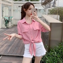 케이앤이 여성 쉬폰 밑단 매듭 블라우스 허리묶는 가오리 셔츠 빅사이즈