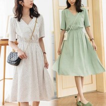 여성 브이넥 도트 플레어 원피스