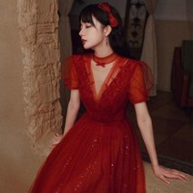 이브닝 드레스 신부 크리스마스 파티 슬림 와이드 브이넥 쉬폰 퍼프 소매 레드 5288083671, 자홍색/Xxl