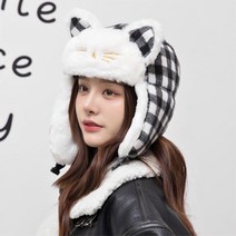 여자 겨울 체크 고양이 스키 방한 모자 솔캠족 혹한기, 블랙
