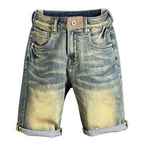 남자청반바지 와이드 흑청 데님반바지 남성 짧은 청바지 레트로 블루 스트레치 레귤러 핏 스트레이트 컷 캐주얼 데님 바지 무릎 길이 반바지 남성용 Hombre