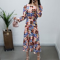 제이후 퍼프 셔링 패턴 A라인 플레어 롱 원피스