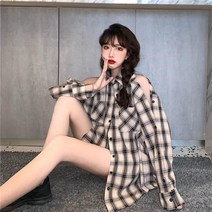 오르난 여성 오프숄더 박시 체크 긴팔 셔츠 JC477
